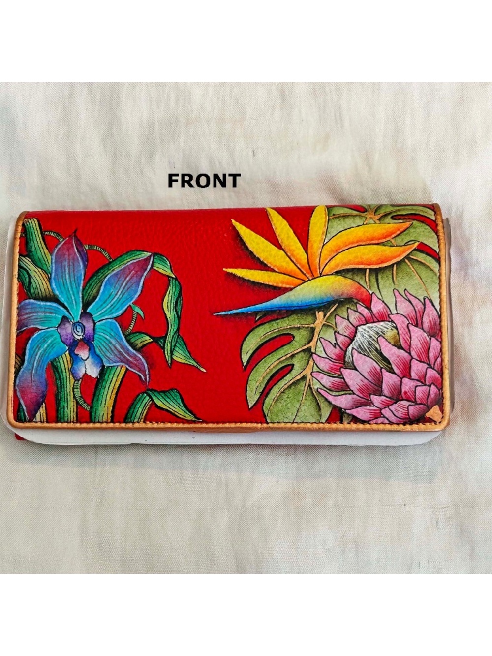 WALLET, 100% LEATHER, ACCORDION FLAP, ISLAND ESCAPE RED, FLORAL, 7.5 W x 4 H inc